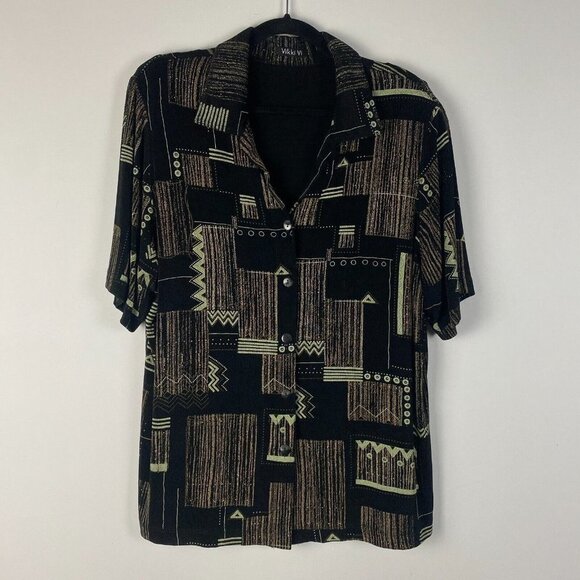 Vikki Vi Tops - Vikki Vi Slinky Knit Button Shirt Womens 1X Black Tan Patterned Short Sleeve